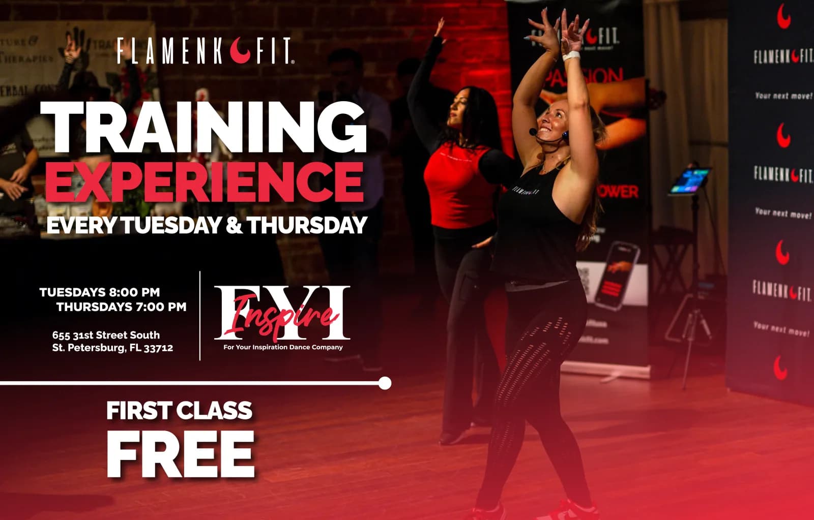 Flyer de la Training Experience de FlamenkFit en FYI Inspire Dance Company: martes 8:00 PM y jueves 7:00 PM, 655 31st Street South, St. Petersburg, FL 33712. Primera clase gratis.